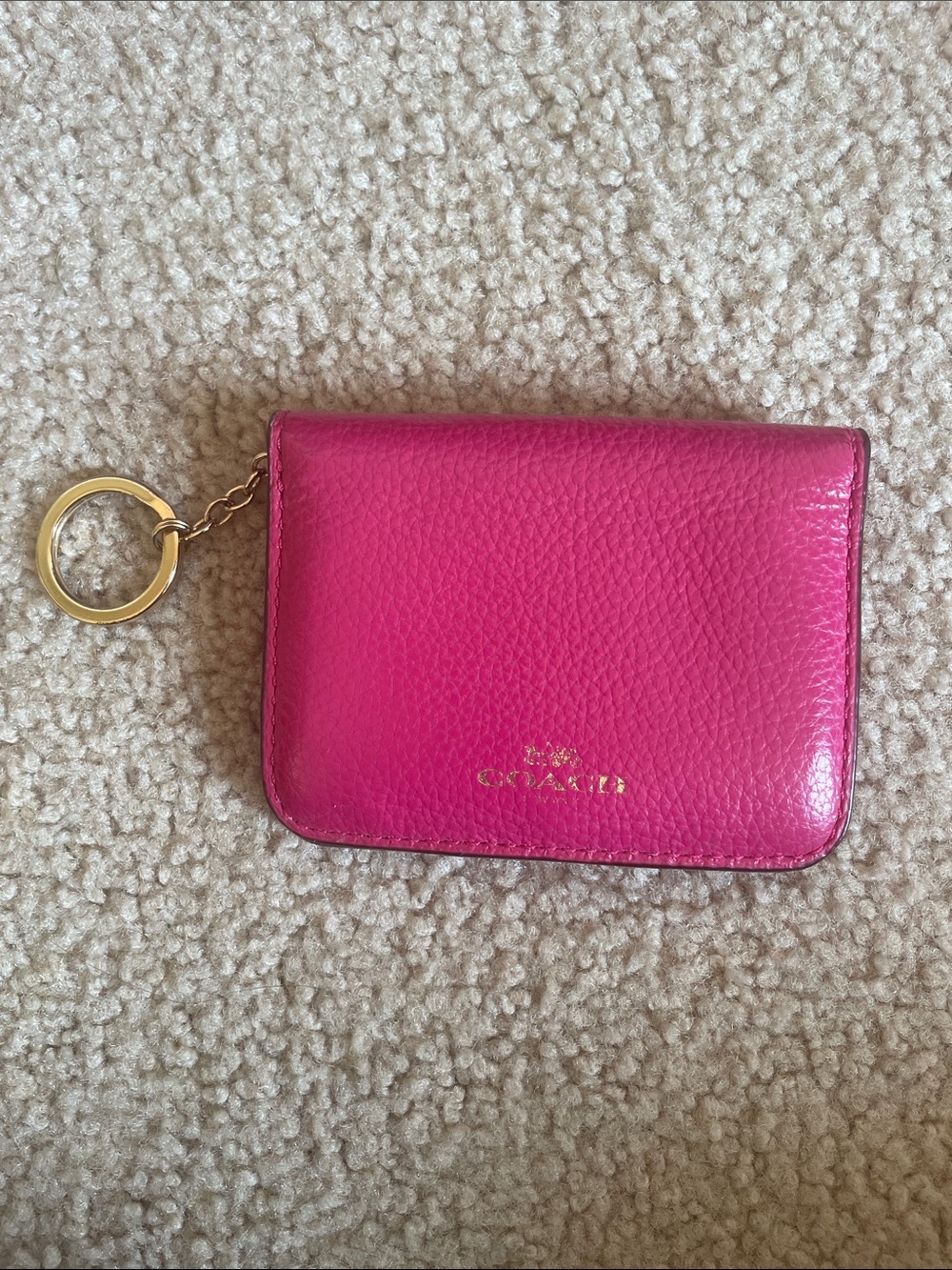 Coach C9597G Bifold Card Case Refined Pebbled Leather with Keychain - Bold Pink